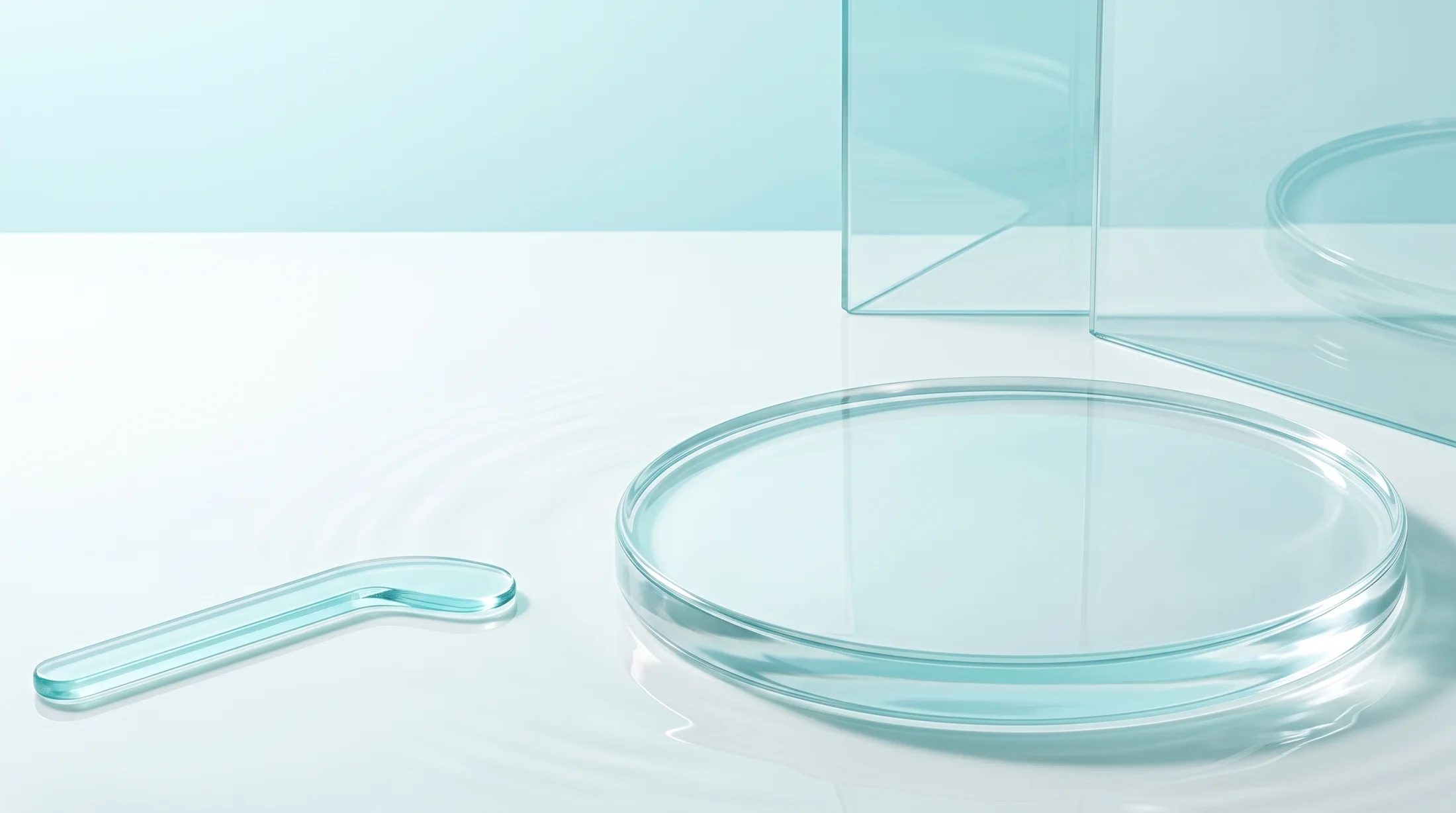 A bright formula studio with clear glass vessels and soft reflections from water