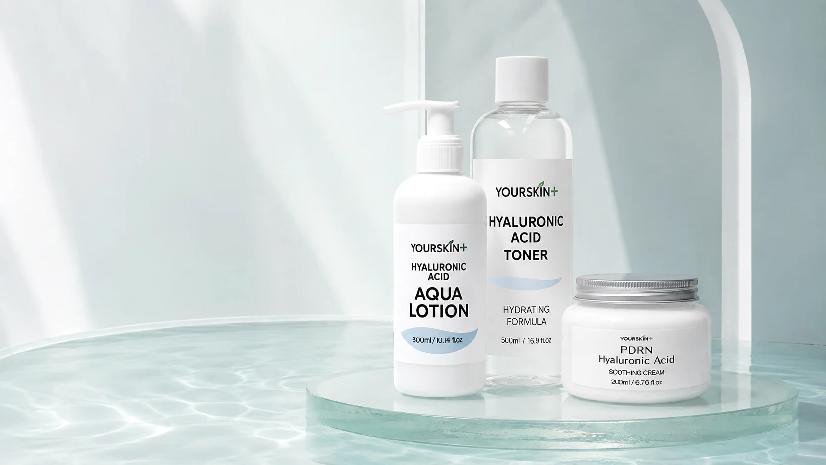 YOURSKIN+ Aqua Lotion, Hyaluronic Acid Toner and PDRN Hyaluronic Acid Soothing Cream on a clear platform above water